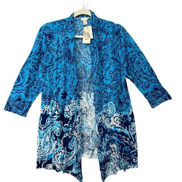 New with tags Chico linen blend cardigan sz 2 M PAISLEY CARDIGAN BLUE 570080788 - Picture 1 of 16